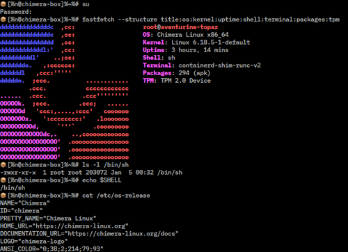 لقطة شاشة لنظام Chimera Linux مع واجهة FreeBSD ash، تُظهر معلومات النظام وبعض أوامر Unix.