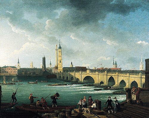 جسر لندن من درج زقاق بيبر بريشة هربرت بو، يظهر شكل جسر لندن بعد عام 1762، مع وجود "القوس العظيم" الجديد في المنتصف