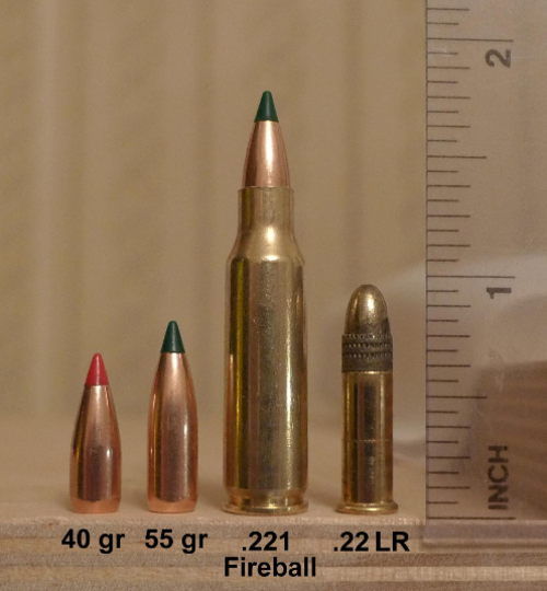 LR: 40 غرام من رصاص هورنادي في-ماكس، 55 غرام من رصاص سييرا بليتزكينغ، .221 ريمنجتون فايربول، .22 LR ريمنجتون جولدن بوليت