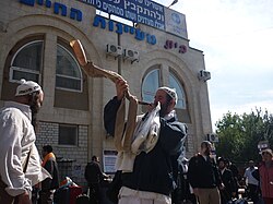 يهودي حسيدي ينفخ في شوفار الكودو في أومان، أوكرانيا، 2010.