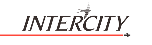 كلمة INTERCITY مكتوبة بخط مائل، مع وجود سنونو إلى اليسار يترك أثراً أحمر أسفل الاسم وسهم مزدوج صغير في النهاية (أسفل حرف Y).