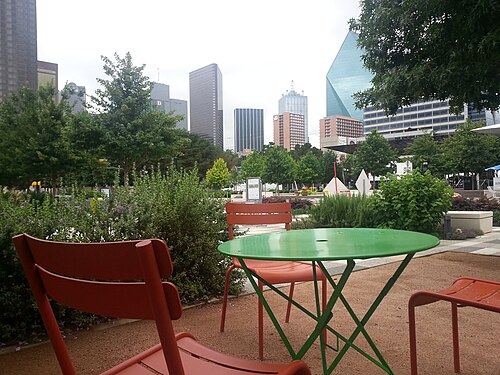 The vegetation and setting for Klyde Warren Park create an oasis among the soaring skyscrapers in downtown Dallas, TX