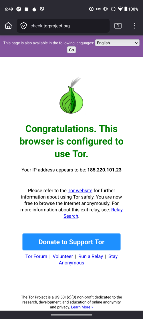 Orbot 17.5.0، يعمل تحت متصفح Firefox لنظام Android