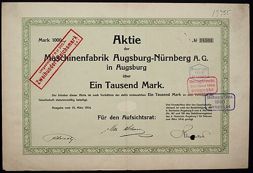حصة Maschinenfabrik Augsburg-Nürnberg AG، الصادرة في 10 مارس 1914