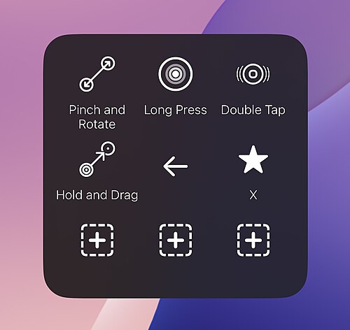 قائمة AssistiveTouch على نظام iOS تعرض عناصر التحكم بالإيماءات بما في ذلك الضغط والتدوير، والضغط والسحب، والضغط المطول، والنقر المزدوج، وعناصر نائبة لإجراءات إضافية.
