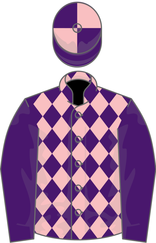 Pink, purple diamonds, purple sleeves, quartered cap