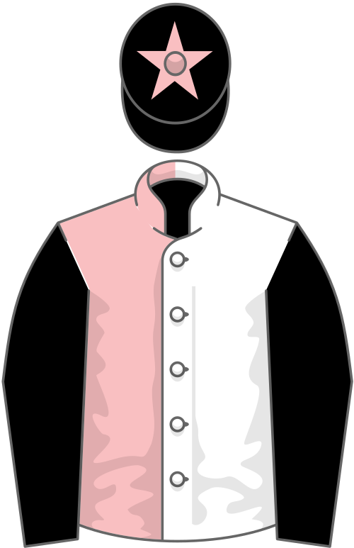 Pink and white halved, black sleeves, black cap, pink star