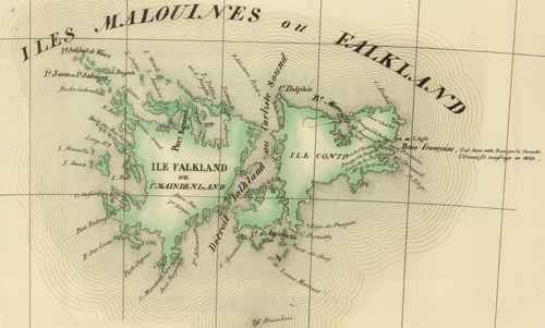 جزيرة سوان (جزيرة ويديل الحالية) على خريطة فرنسية لجزر فوكلاند تعود لعام 1827