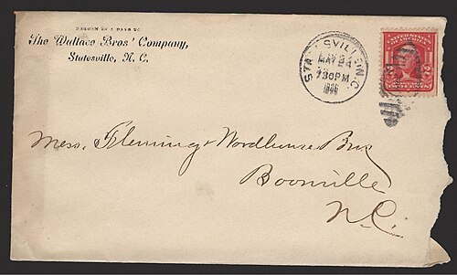 واجهة ظرف بريدي أُرسل بالبريد من الولايات المتحدة عام 1906، مع طابع بريدي وعنوان.
