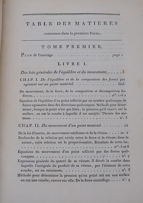 جدول محتويات المجلد الأول من "Traité de mécanique céleste" (1799)