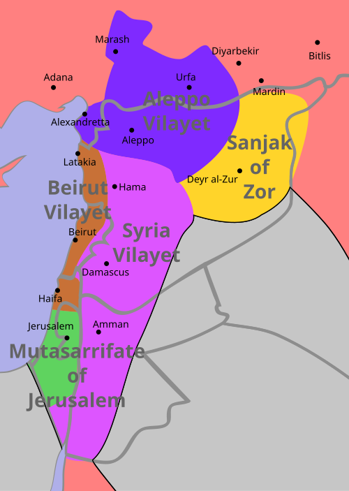 سوريا العثمانية حتى الحرب العالمية الأولى. الحدود الحالية باللون الرمادي.