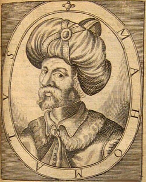 صورة لمحمد كشخص "شرقي" عام، من كتاب "بانسيبيا" أو "نظرة على جميع الأديان في العالم" لألكسندر روس (1683).