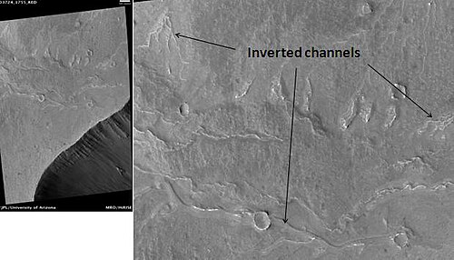 قنوات مقلوبة بالقرب من وادي جوفينتاي، كما التقطتها كاميرا HiRISE. كانت هذه القنوات في السابق مجاري مائية عادية. يبلغ طول شريط المقياس 500 متر.