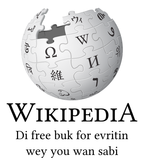 Wikipedia logo displaying the name "Wikipedia" and its slogan: "The Free Encyclopedia" below it, in Nigerian Pidgin