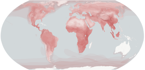 World map, largely in red with the exception of Australia, Madagascar, and Antarctica