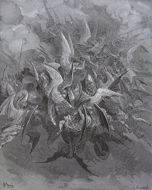 ملائكةٌ تُقاتل الملائكة الساقطة خلال حرب السماء. رسم توضيحي لغوستاف دوريه لكتاب الفردوس المفقود لجون ميلتون (1866).