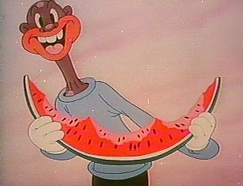 شخصية من فيلم الرسوم المتحركة "افركني يا أمي" الذي صدر عام 1941 مع إيقاع البوغي تستمتع بتناول البطيخ.