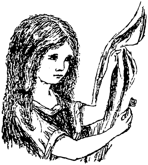 رسم توضيحي لرأس وكتفي فتاة (أليس) تحمل مفتاحًا