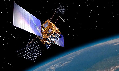 تصور فني لقمر صناعي من طراز GPS-IIRM في مداره