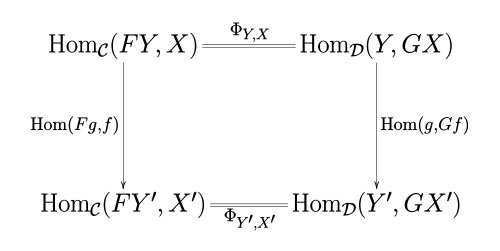 طبيعية Φ. يوضح الرسم البياني أن Hom(g,Gf) ° Φ_{Y,X} = Φ_{Y',X'} ° Hom(Fg,f).