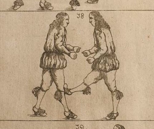 ركلة في الركبة كما هو موضح في كتاب عن لعبة الخواتم الباروكية (يوهان جورج باشن 1659)