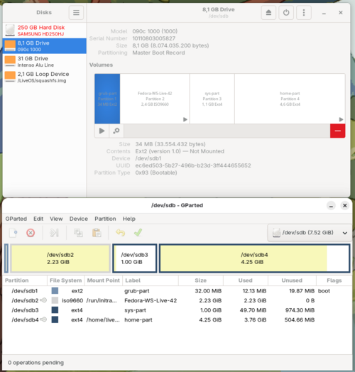 يعرض برنامجا GParted و gnome-disks القرص أ