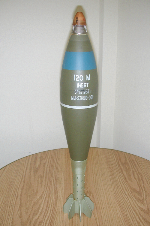 120&nbsp;mm HE mortar shell fitted with M734 proximity fuze
