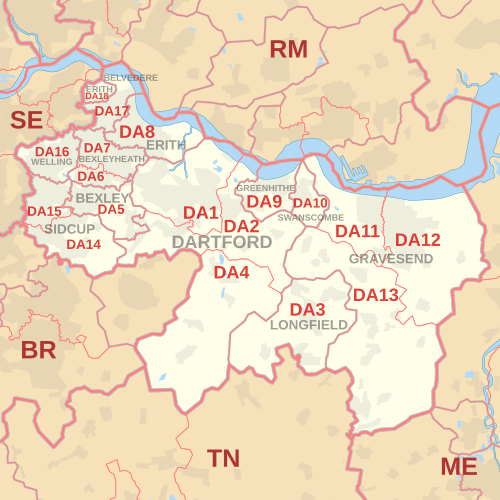 خريطة منطقة الرموز البريدية DA، توضح مناطق الرموز البريدية والمدن البريدية والمناطق البريدية المجاورة.