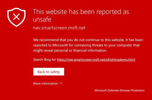 لقطة شاشة لتحذير من برنامج Microsoft Defender يعمل على متصفح Chrome يُعلم المستخدم بأنه تم الإبلاغ عن موقع ويب على أنه غير آمن.