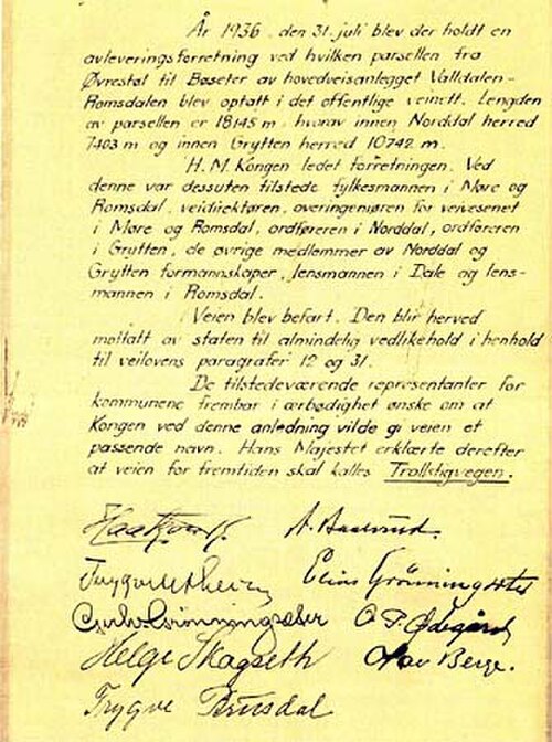وثيقة قبول Trollstigvegen في رومسدال موقعة من Haakon VII (31 يوليو 1936)