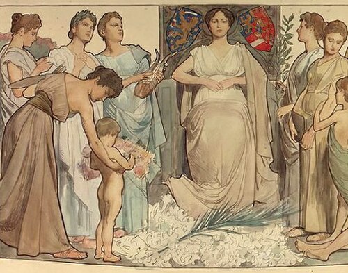 الهولندية العذراء على تصميم للحافلة الذهبية، بقلم نيكولاس فان دير واي، 1898.