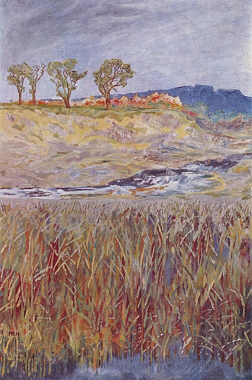 منظر طبيعي على أونستروت (1912)، زيت على قماش، 192 × 126 سم (75.5 × 49.6 بوصة)، متحف لينديناو، ألتنبورغ، ألمانيا