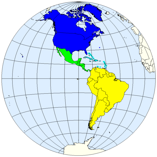 مخطط الأمم المتحدة الجغرافي للأمريكتين: منطقة البحر الكاريبي، أمريكا الوسطى، أمريكا الشمالية، أمريكا الجنوبية