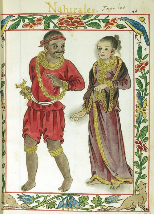 أحد أفراد العائلة المالكة التاغالوغية يرتدي اللون الأحمر (اللون المميز لطبقته) مع زوجته.