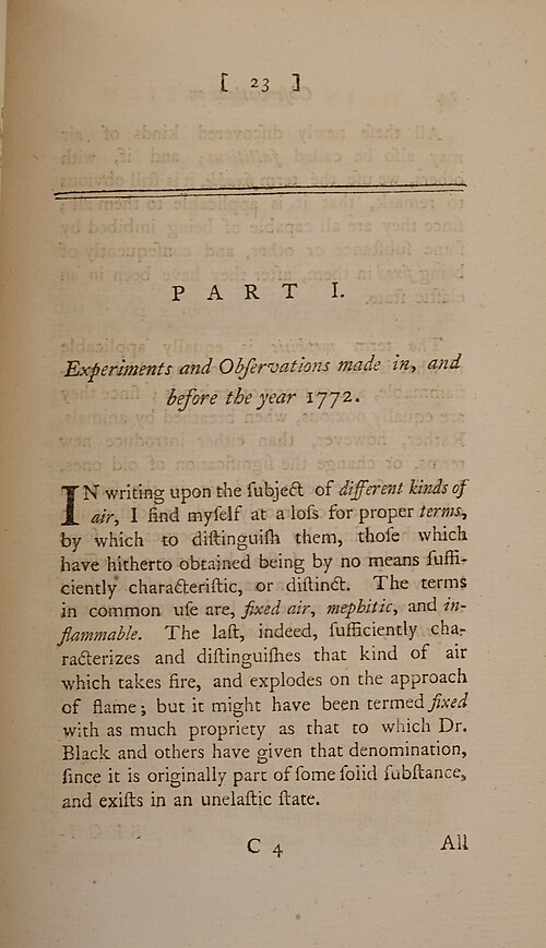الصفحة الأولى من المجلد الأول من كتاب التجارب والملاحظات على أنواع مختلفة من الهواء (1774)