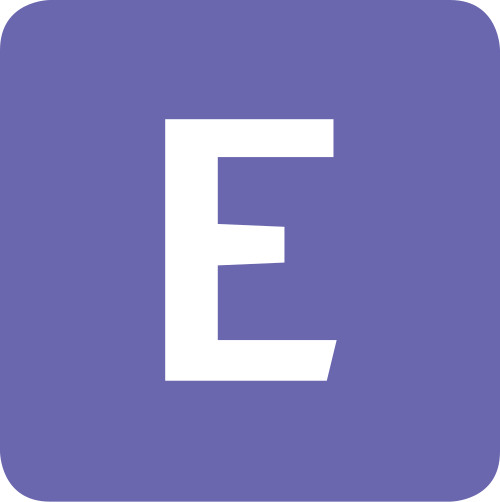 حرف E (أبيض على مربع دائري أرجواني فاتح)