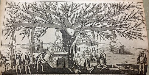 رجال هنود يؤدون وضعيات اليوغا (آسانا) تحت شجرة بانيان (1688)