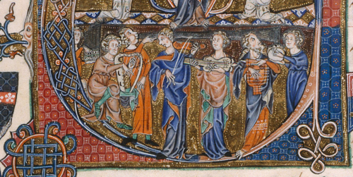 1310, England. Gorleston psalter, folio 107v. Instruments from left: castagnette, harp, singing, rebec, citole, psaltery, tambourine.