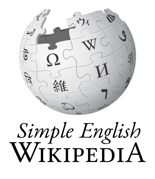 شعار ويكيبيديا يعرض عبارة "Simple English" بخط مائل واسم "Wikipedia" أسفلها، باللغة الإنجليزية.