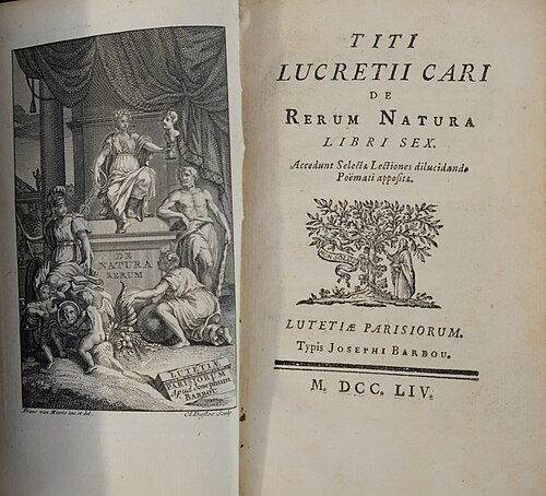 الصفحة الأولى من نسخة عام 1754 من كتاب De rerum natura