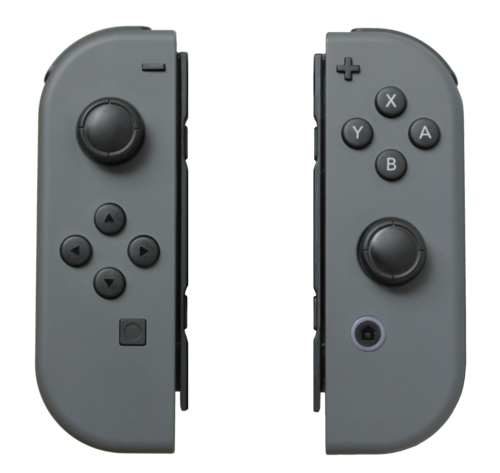 وحدات التحكم Joy-Con الرمادية (يسار) و Joy-Con (يمين). يتم تثبيت القضبان الداخلية على جانب وحدة التحكم الرئيسية لجهاز Switch أو وحدة التحكم اليدوية.