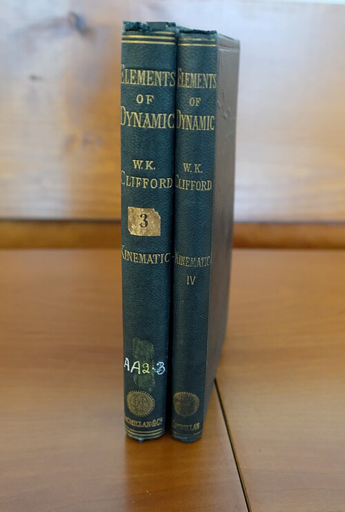 المجلد الأول (1878) يحتوي على الكتب من الأول إلى الثالث، والمجلد الثاني يحتوي على الكتاب الرابع (1887) من كتاب كليفورد "عناصر الديناميكية".