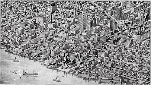 رسم جوي مائل لوسط مدينة ديترويت عام 1908 مع مبانٍ شاهقة