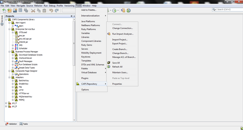 مشاريع Java CAPS، وخيار مكتبة المكونات والمستودع في NetBeans