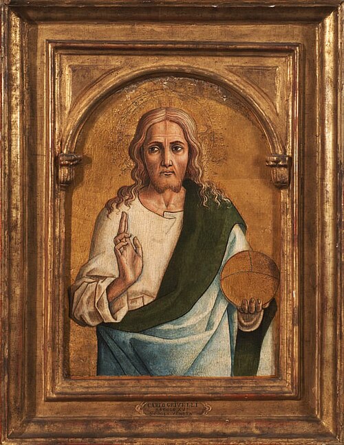 سالفاتور موندي (1470-1472)، تمبرا وذهب، ربما مع زيت على لوحة، 32 × 23.4 سم (12 5/8 × 9 3/16 بوصة)، معهد كلارك للفنون