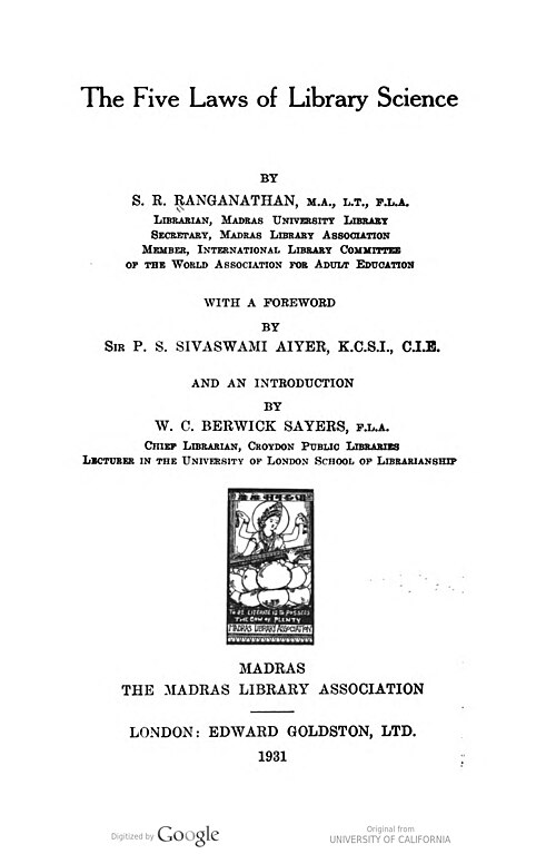 خمسة قوانين لعلم المكتبات، 1931