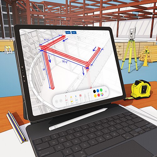 مصمم النماذج ثلاثية الأبعاد من برنامج SketchUp على جهاز iPad موجود في الموقع.