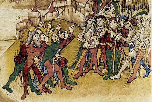 مشهد هاسل وهو يقسم الولاء لبرن، من كتاب "Spezer Chronik" (ثمانينيات القرن الخامس عشر). يرتدي العديد من الرجال من كلا الطرفين الزي السويسري الكلاسيكي الذي كان رائجاً في أواخر القرن الخامس عشر.