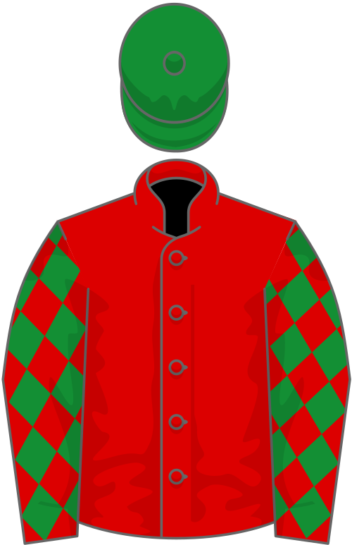 Red, green diamonds on sleeves, green cap