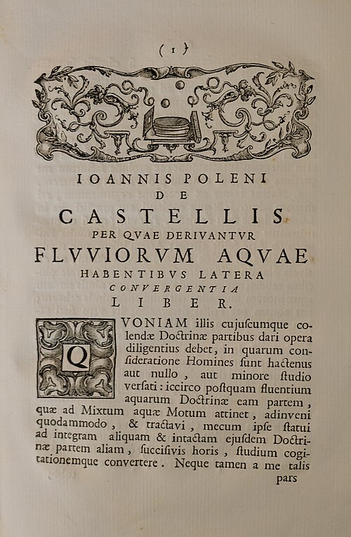 الصفحة الأولى من De Castellis per quae derivantur Fluviorum aquae habentibus Latera convergentia liber (1718)